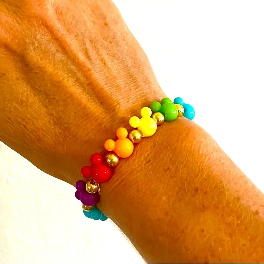 Stretch Bracelet w/ Rainbow Mickey Mouse Charms & Gold Beads!